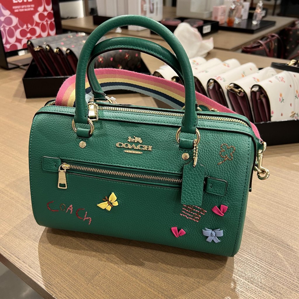 Coach Green Leather Satchel With Rainbow Strap And Multicolor Accents